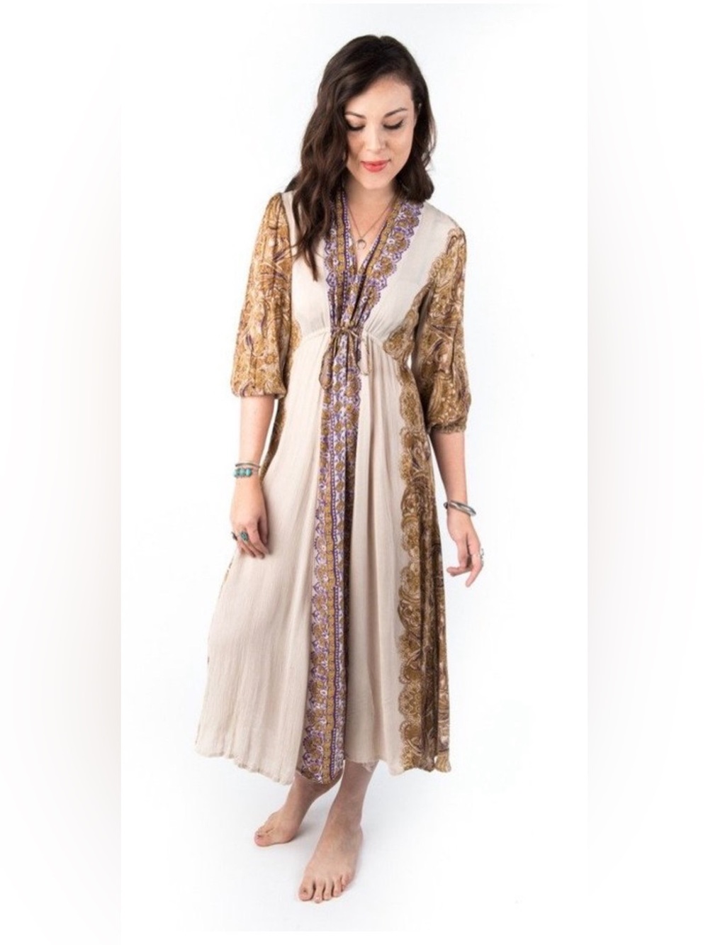 Free People Santa Maria maxi dress in dusty rose featuring a boho paisley print.